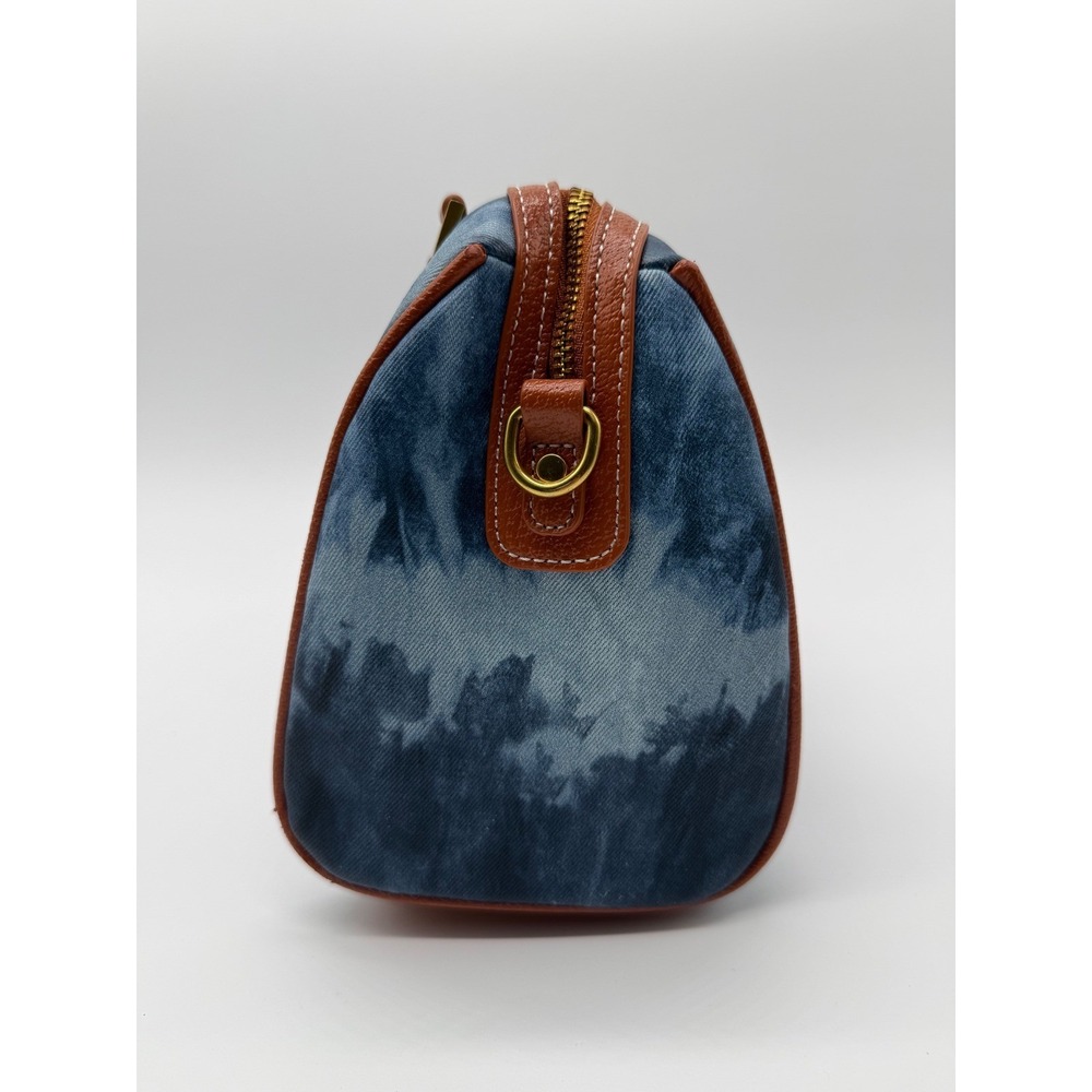 Angel Kiss Satchel Handbag Blue Tie Dye Denim Print Cognac Brown Trim Gold Tone - Picture 3 of 13